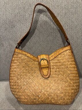 Woven Straw Shoulder Bag with Leather Trim - Tan